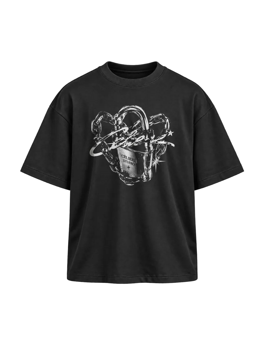 Lock Tee — CÉLIERE, czarna koszulka boxy, przód